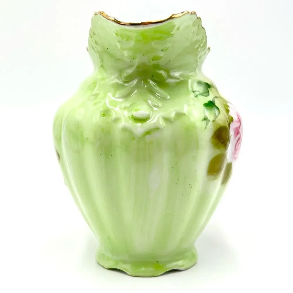 Vintage Lefton Green Heritage Roses Gold Trim Small Pitcher 4172‎ Hand Painted